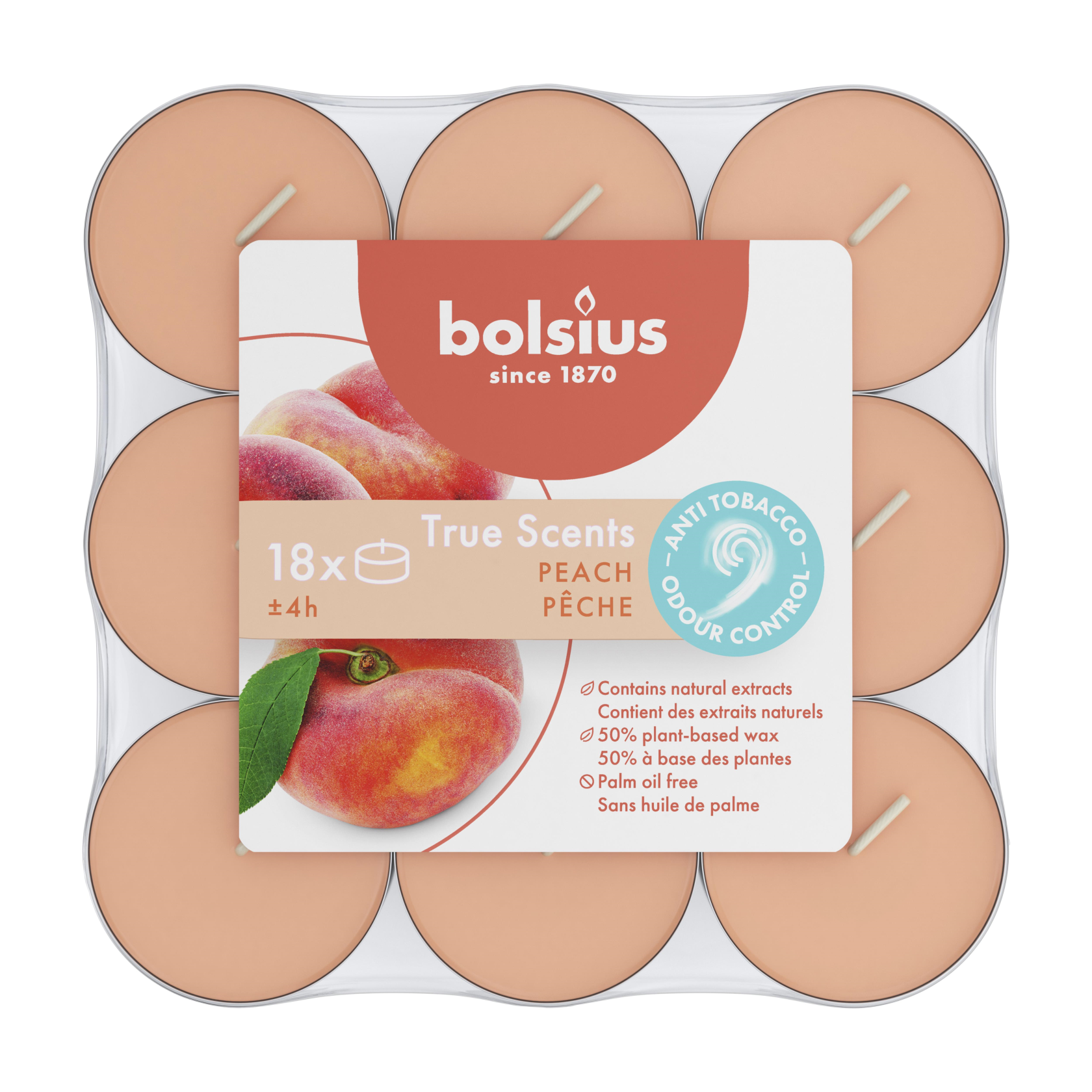 BOLSIUS GEURTHEELICHT PEACH 12 STUKS - 9 10 20 30 40 50 60 70 80 90 100 103 - 532801